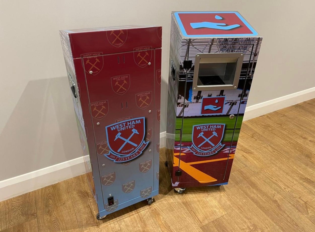 Custom-finished hand-sanitiser dispensing units supplied for use at West Ham United's London Stadium